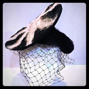 French felted high fashion hat with veil black white art to wear